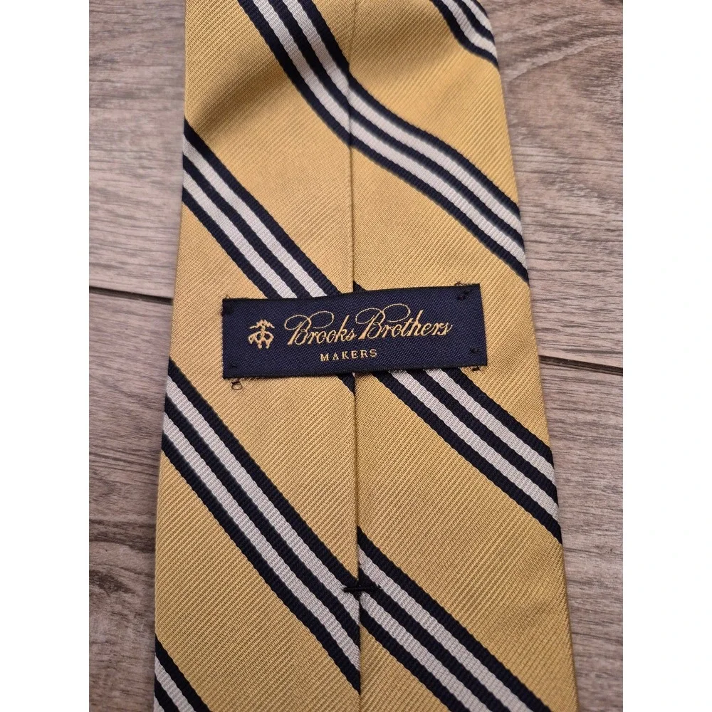 Brooks Brothers Makers Gold Navy Blue White Repp Stripe Silk Tie Woven England‎